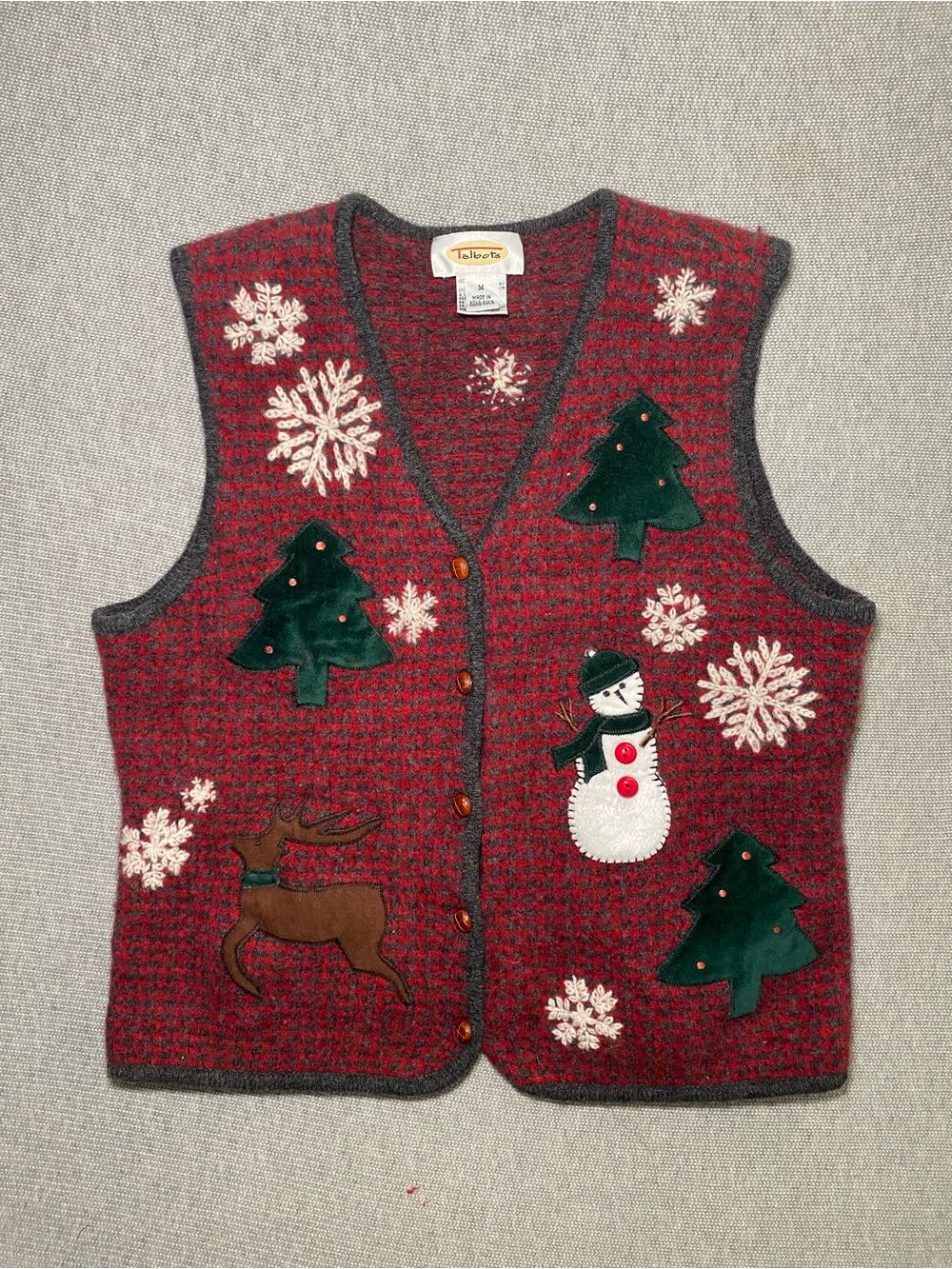 VTG Talbots Christmas Sweater Vest M Wool Red Embroidered Reindeer Snowman